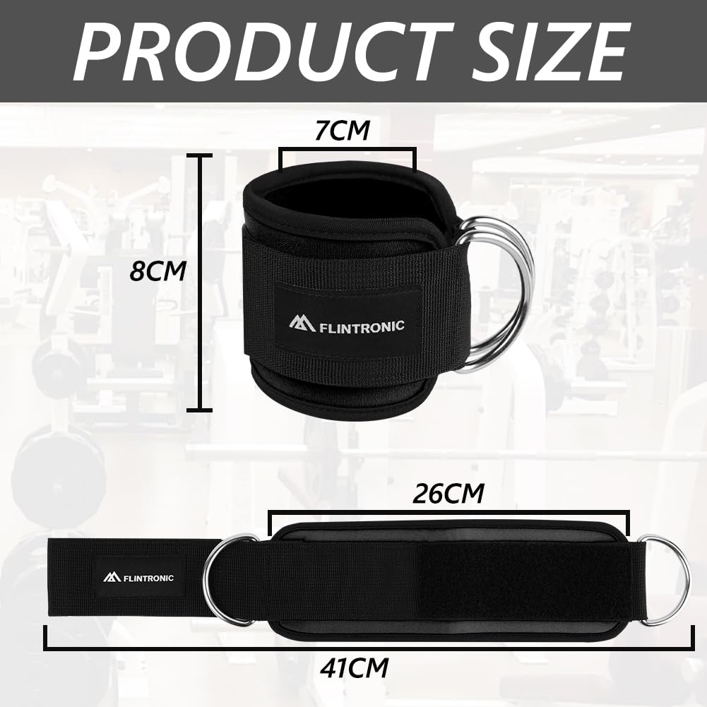 flintronic 2Pcs Ankle Straps for Cable Machine, Gym Cuffs with Double Stainless Steel D-Ring, Gym Ankle Cuff with Adjustable Neoprene Ve-lcro, Muscle Shaping for Men and Women - Black