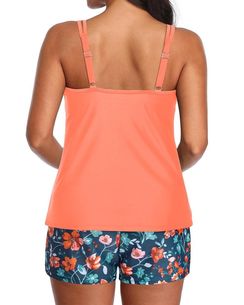 Tempt Me Orange Flower Two Piece Tankini Swimsuits for Women Tummy Control Bathing Suit with Shorts Athletic Swimwear L