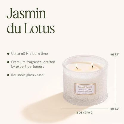 LA JOLIE MUSE Jasmin du Lotus Candle - Ivy, Jasmine, Cedarwood | 12 oz Large 2-Wick Soy Wax Candle | 60 Hours Clean Burn | Floral Scented Candle | Gift-Ready for Hosts & Gatherings