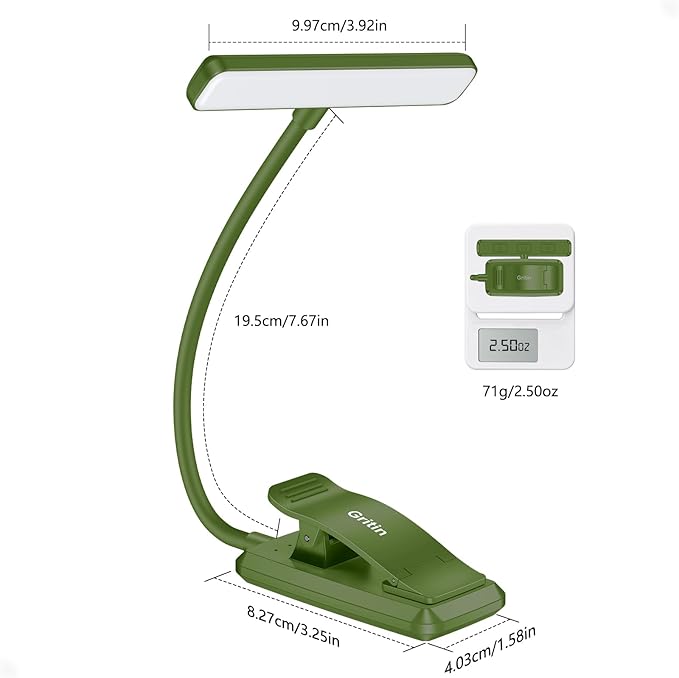 Gritin 19 LED Rechargeable Book Light for Reading in Bed with Memory Function- Eye Caring 3 Color Temperatures,Stepless Dimming Brightness,80 Hrs Runtime Clip on Light for Book Lovers-Dark Green