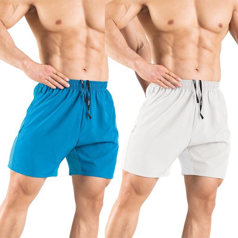 Gaglg Men's 5" Running Shorts 2 Pack Quick Dry Athletic Workout Gym Shorts with Zipper Pockets Light Blue/White,Small