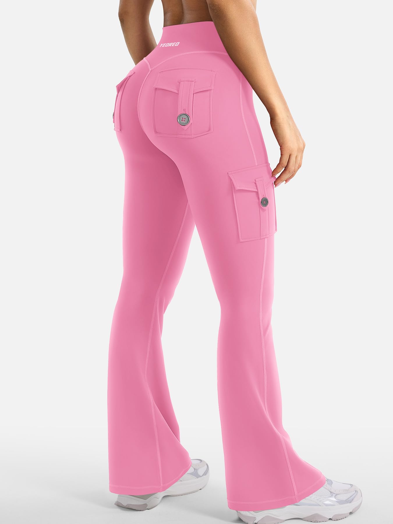 YEOREO CoreFlex Women Workout Flare Leggings with Pockets Hidden Scrunch High Waisted Cargo Gym Yoga No Front Seam Leggings Pink XXL