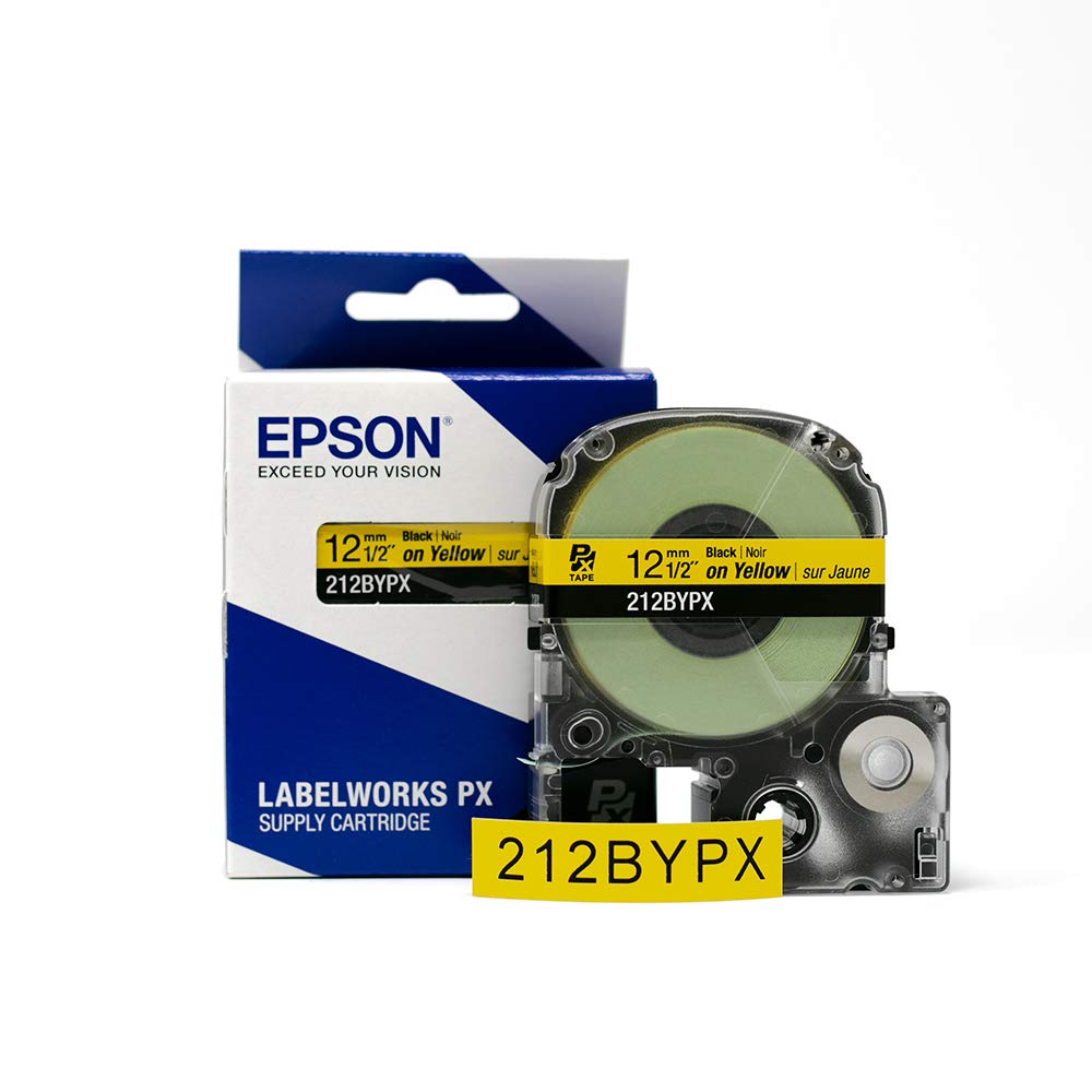 Epson LABELWORKS 212BYPX Genuine PET (Polyester) Tape Cartridge - Black on Yellow Industrial Label Maker Tape - 1/2" (12MM) Wide, 30 ft