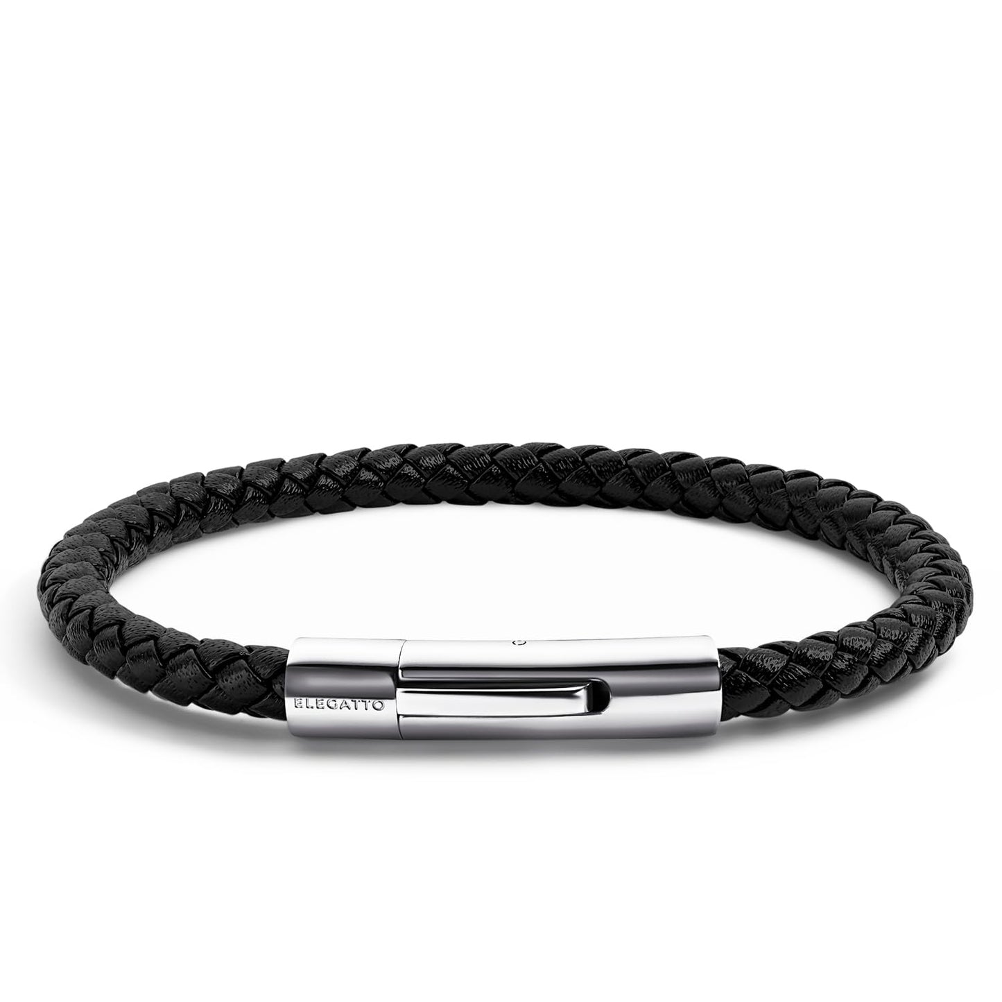 Elegatto Elagio Premium Braided Leather Bracelet for Men | Full-Grain Braided Leather with Sterling Silver Polished Stainless Steel Clasp | Men’s Designer Bracelets | Extra Large