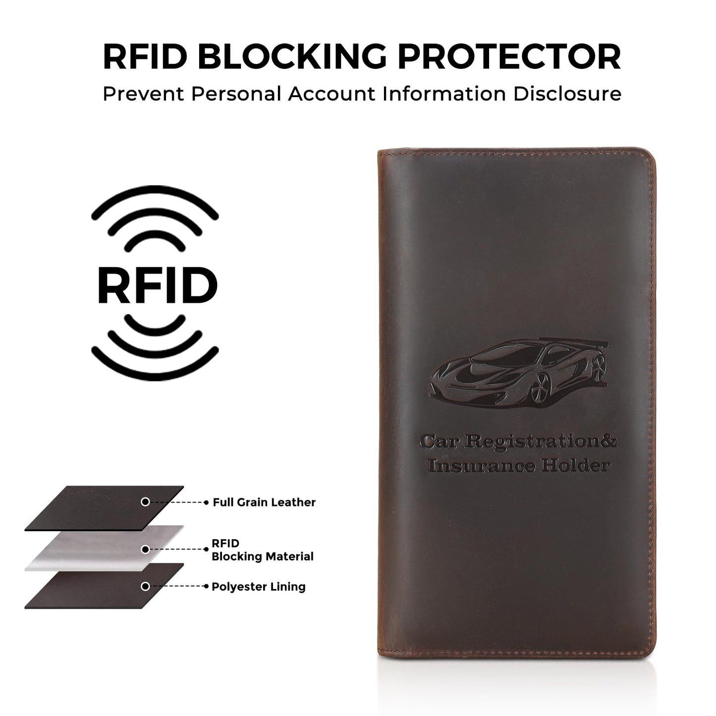 Polare Vintage Full Grain Leather Car Registration and Insurance Card Holder, Vehicle Glove Box Organizer Car Essentials RFID Wallet Case for Driver License, Cards & Documents