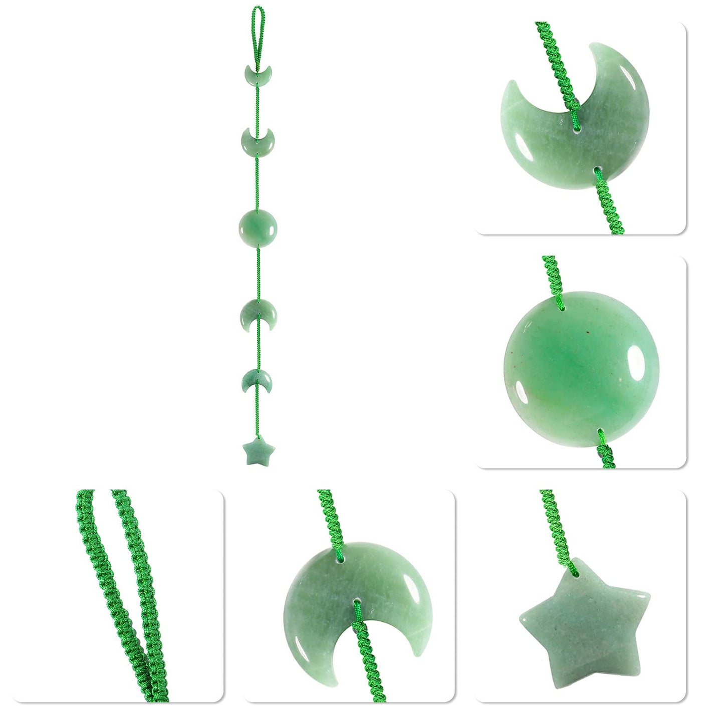 mookaitedecor Green Aventurine Star Moon Stone Hanging Ornament Reiki Healing Crystal Wall Decor for Window Home Decoration, 18-18.5 Inch
