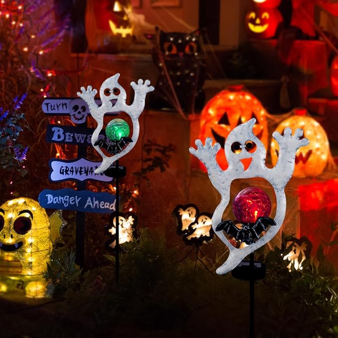 Viveta Solar Halloween Lights, 2 Pack Ghost Solar Lights Outdoor with Color Changing Crackle Glass Ball for Halloween Decorations Outdoor Garden Yard