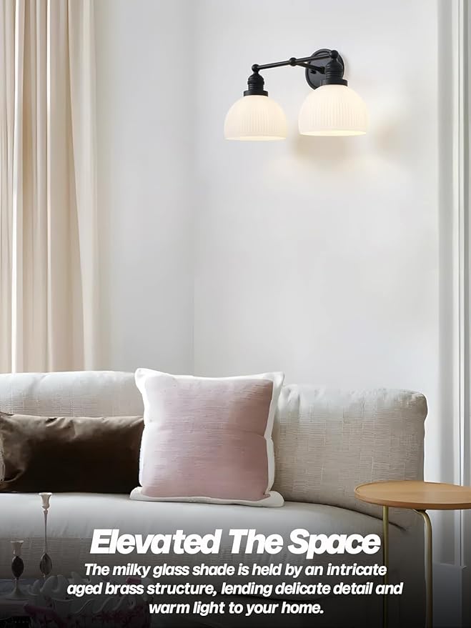 2-Light Wall Sconces,Black Double Bathroom Vanity Light with Milk Glass Minimalist Farmhouse Wall Sconce Light Lamp for Bathroom Mirror Living Room Bedroom Kitchen E26 Hardwire Indoor