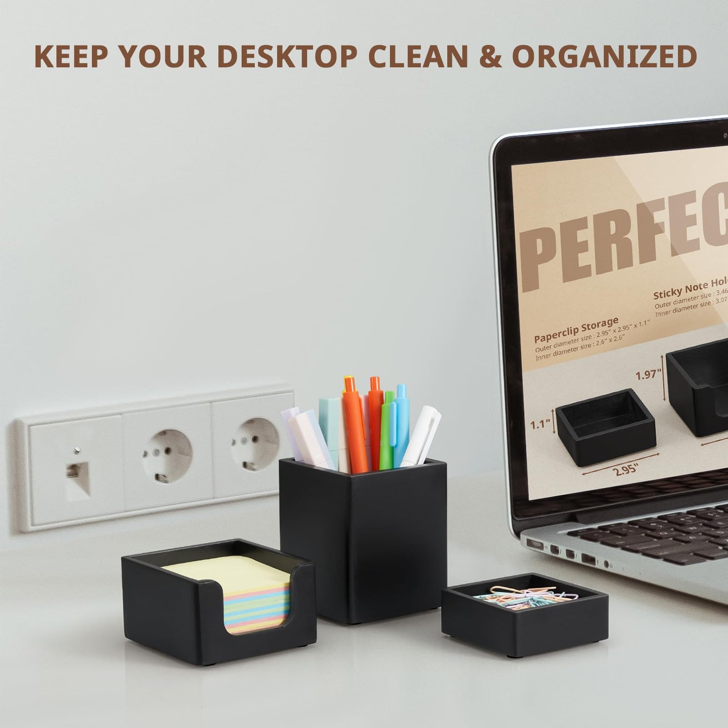 CMLKLZD Black Desk Organizer Set of 3 - Wood Office Desk Accessories - Desk Organizers and Accessories for Women Men - Set incl. Pencil Pen Holder, Paperclip Storage and Sticky Note Holder