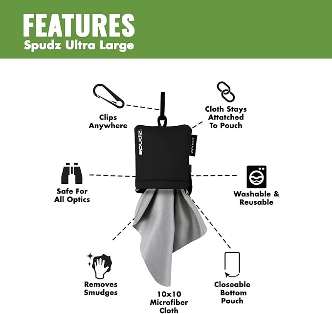 SPUDZ Ultra Microfiber Lens Cleaner – Closable Pouch, Washable –