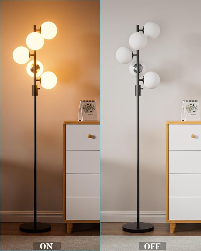 Lightdot 5-Globe Dimmable Globe Floor Lamp Black Standing Lamps with 5Pcs 3000K G9 Bulbs Stepless Brightness Adjustable Retro Mid Century Modern Floor Lamp with Stable Base for Living Room/Office