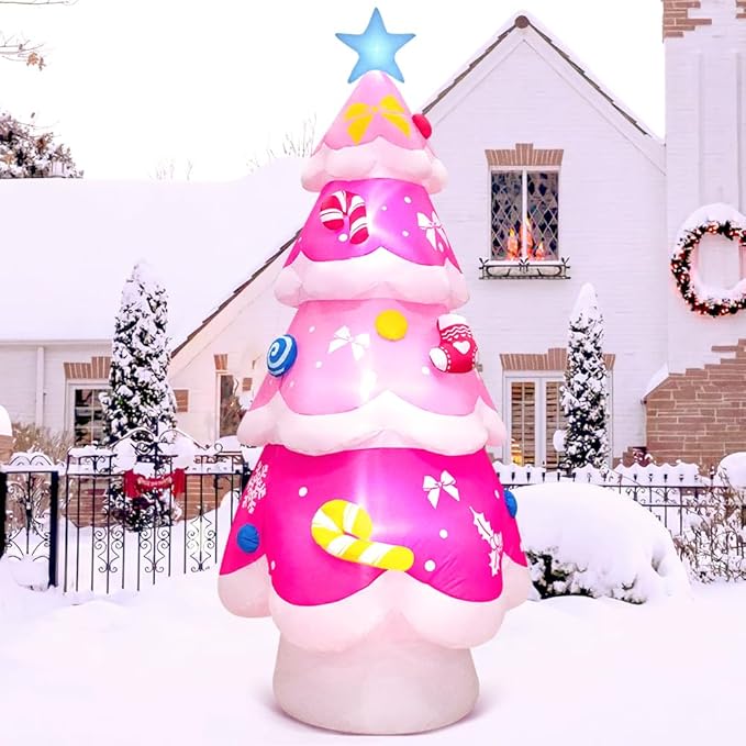 KOOY 7FT Inflatable Christmas Tree Pink Christmas Blow up Yard Decoration with LED Lights for Party Holiday Outdoor Indoor Lawn Winter Xmas Décor