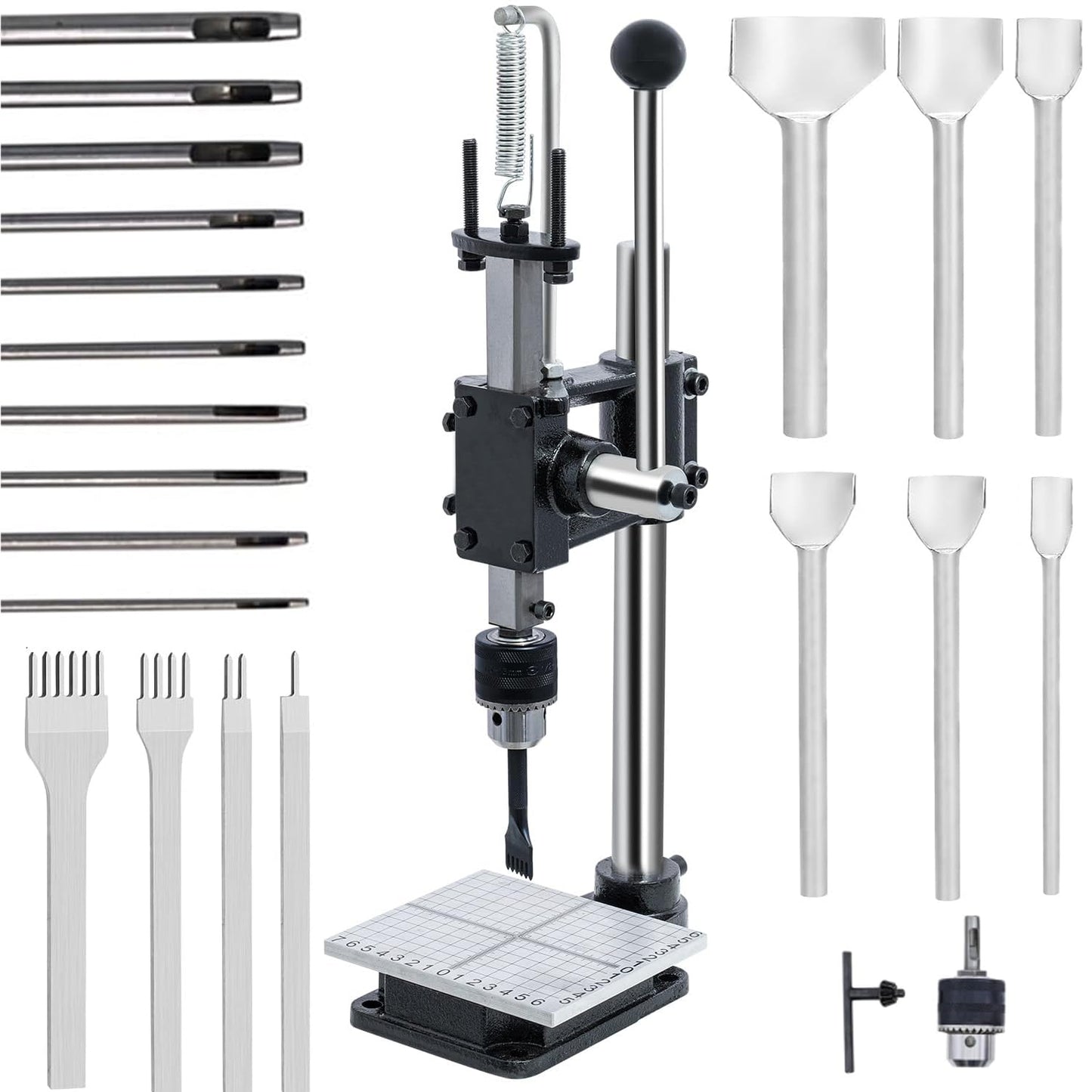 GUILOPOER Leather Hole Puncher Hand Punching Machine Manual Press Puncher Punch Tools for DIY Craft (with Chuck, PP Plate and 20 pcs Tools and Aluminum Plate for Leather DIY Craft)