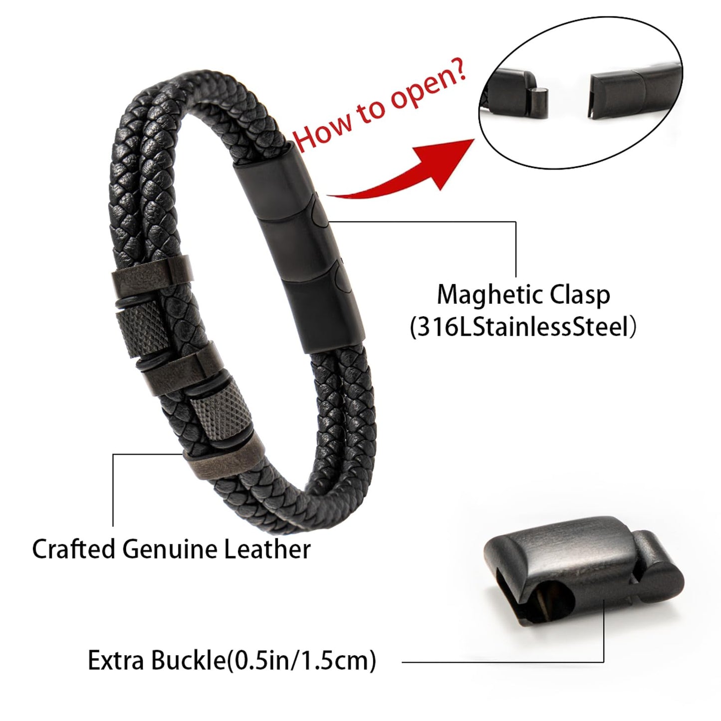 HAVRESSE black genuine leather bracelet for men with adjustable stainless steel magnetic clasp - multi-layer braided rope design - stylish bracelet for men Fits wrist sizes 6.1-7.5 inches.