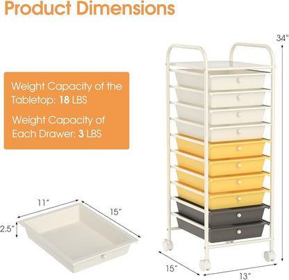 MEDIMALL 10 Drawers Rolling Storage Cart, Multipurpose Craft Storage Cart with Wheels, Mobile Tools Scrapbook Paper Organizer Cart for Office School Home Use (Yellow)