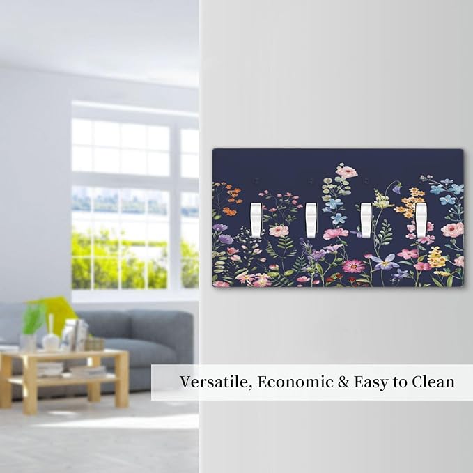 Rustic Wild Floral Darkground Vintage Watercolor Flower Quad Toggle Light Switch Covers Decorative Unique 4 Gang Wall Plate Electrical Faceplate Switchplate for Bedroom Decor