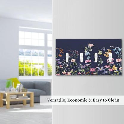 Rustic Wild Floral Darkground Vintage Watercolor Flower Quad Toggle Light Switch Covers Decorative Unique 4 Gang Wall Plate Electrical Faceplate Switchplate for Bedroom Decor