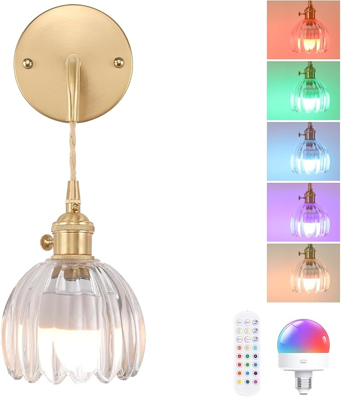 Battery Operated Wall Sconce with Clear Tulip Shade Pattern Glass Adjustable Chain Retro Gold Wall Mounted Light, Modern Wall Lamp Fixtures Decor for Bedside Bedroom Indoor Doorway