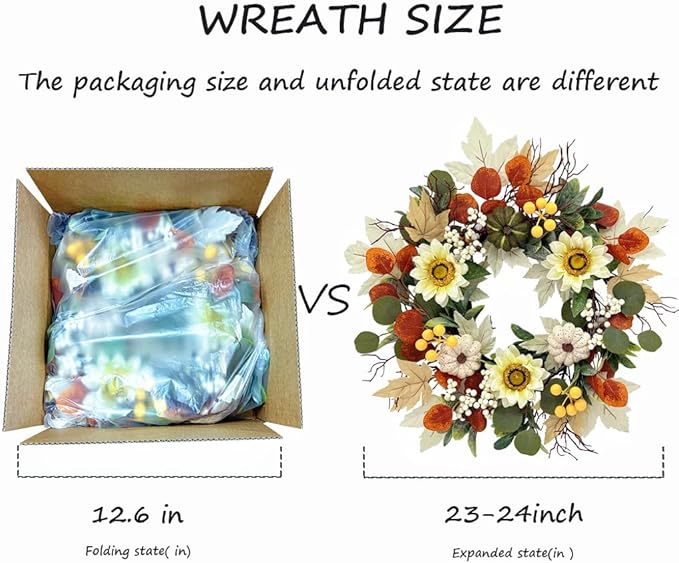 20 Inch Fall Sunflower Wreath for Front Door, Artificial Autumn Wreath with Pumpkins, Berries, White Sunflowers and Silk Leaves for Thanksgiving Farmhouse Home Window Wall Office Indoor Outdoor Decor