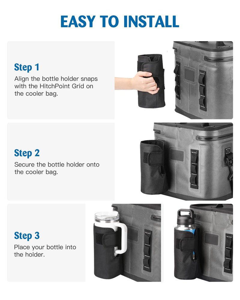 WEIGUZC Bottle Holder for HitchPoint Grid Compatible with YETI Hopper Soft Cooler or Camino Carryall - 600D Waterproof Oxford with 2mm Pearl Cotton - Hands-Free Water Bottle Carrier