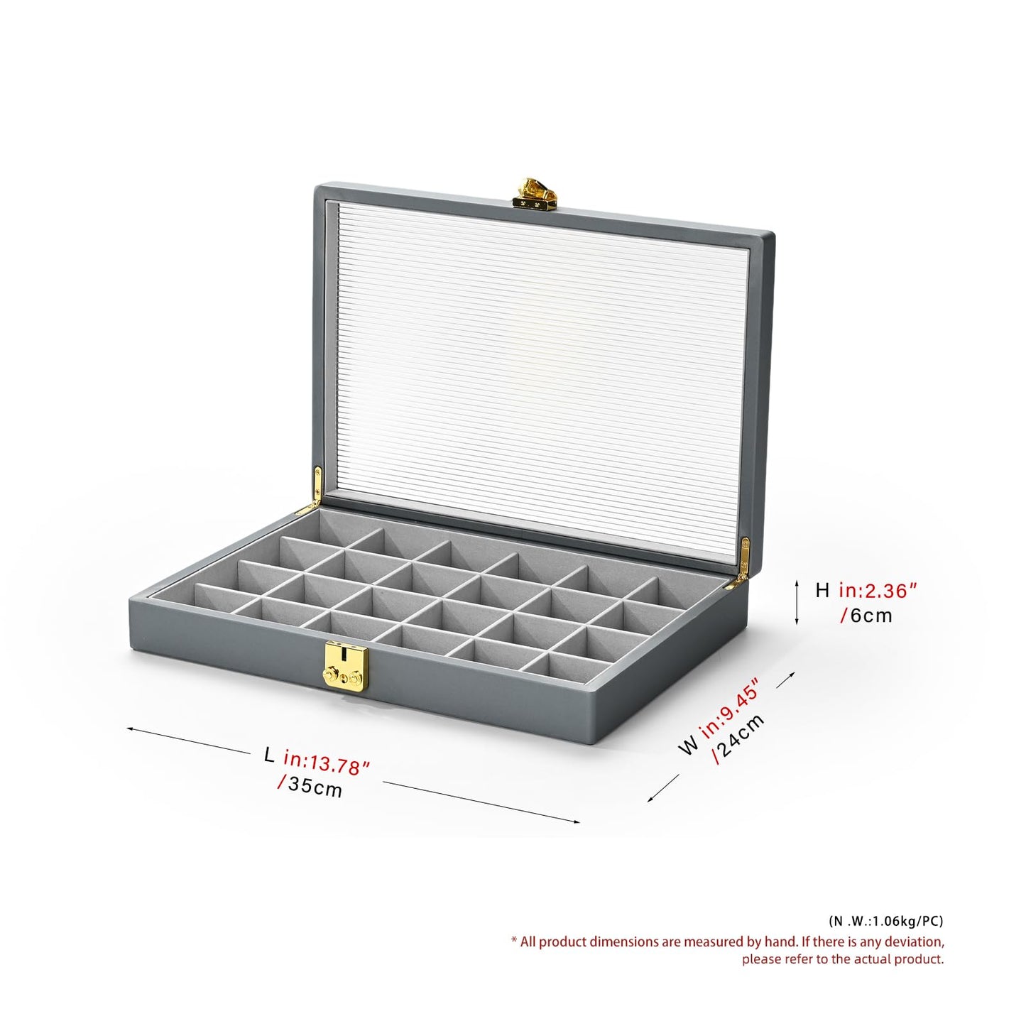 Oirlv Grey Leather Jewelry Organizer Jewelry Tray with Lid Jewelry Organizers and Storage for Drawers Pendant Ring Display Case Box for Women Jewelry Organizer with Lock (24 Grid)
