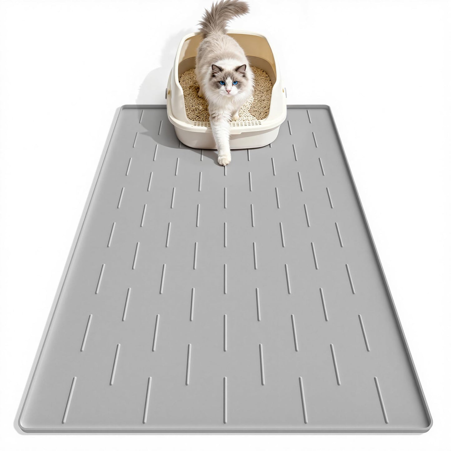 Pieviev Silicone Cat Litter Trapping Mat, 34''x22'' Large Cat Litter Mat, Easy to Clean & Soft on Kitty Paws, Waterproof Kitty Litter Pads for Indoor Cats, Light Grey