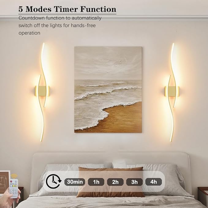 Modern Wall Sconces Set of 2, Dimmable LED with Remote Control, Gold Indoor Wall Sconce, Hard Wired Wall Lights for Living Room, LED Wall Decor for Hallway, Bedroom, 40.5" in, 3 Color, Timer, Memory
