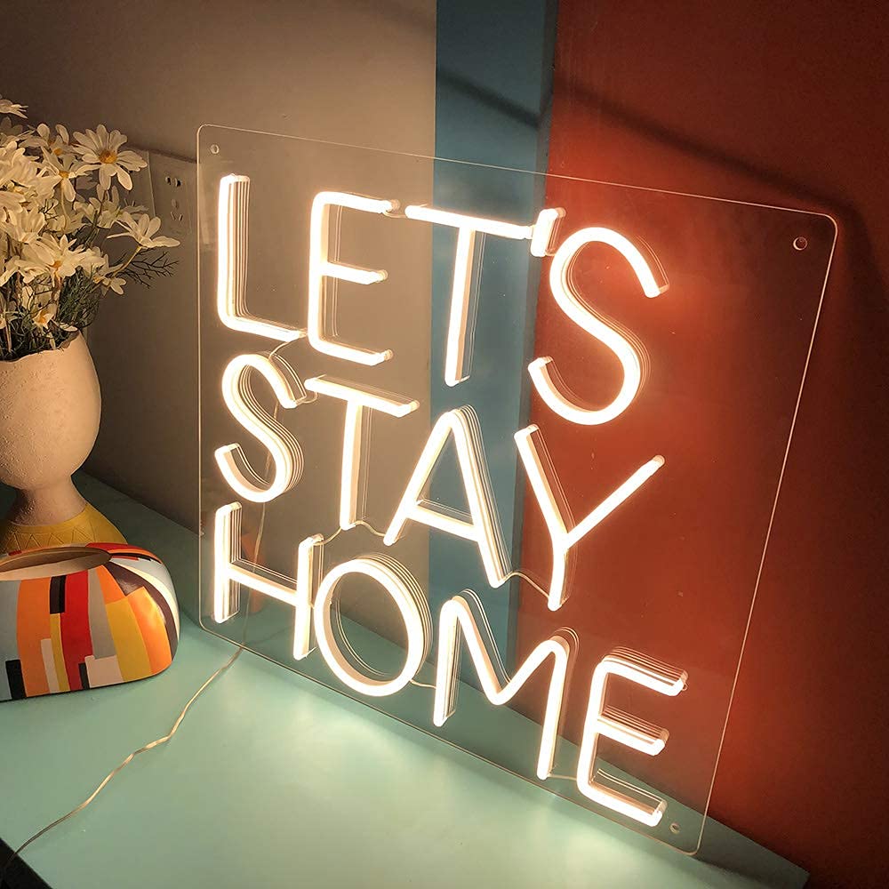 Lets Stay Home Neon Signs-USB Acrylic Light Up Lights Signs for Room Bedroom Wall Indoor Decor Led Neon Light Sign 14.9×14.1 IN Bar Christmas Party Wedding Kid Girl boy Living Room Lounge Office White