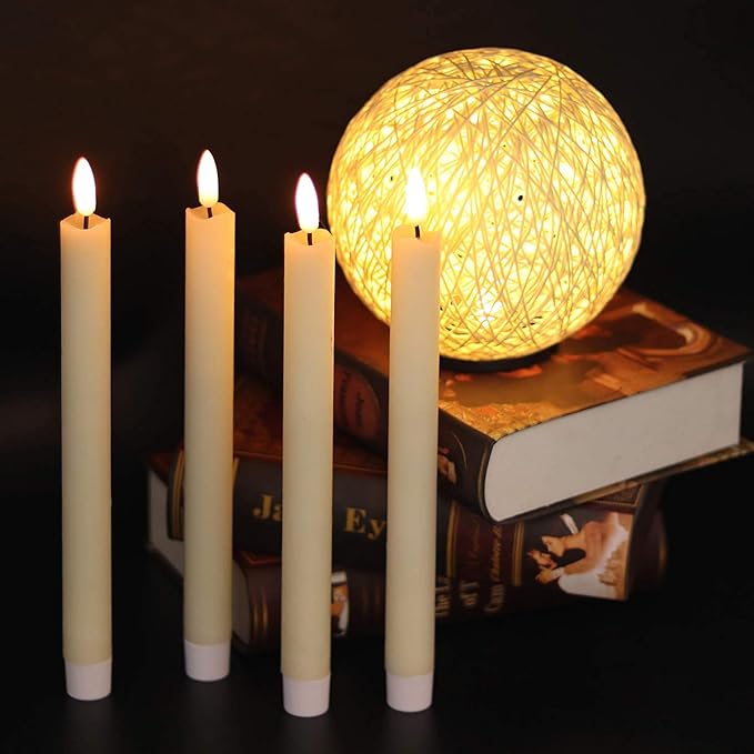 GenSwin Flameless Flickering Taper Candles with 2 Remote Controls and Timer, Real Wax 3D Wick Light Window Candles Battery Operated Pack of 8, Christmas Home Wedding Decor(Ivory, 0.78 X 9.64 Inch)