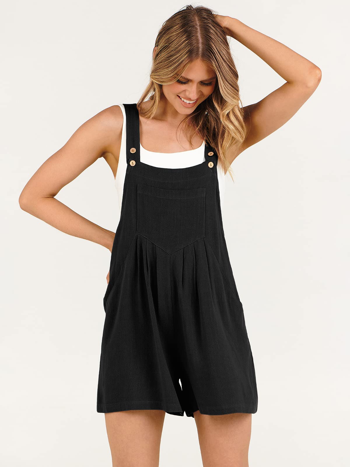 ANRABESS Women's Summer Casual Rompers Bib Short Overalls Loose Linen Jumpsuit Beach Outfits Travel Vacation Clothes Black Small