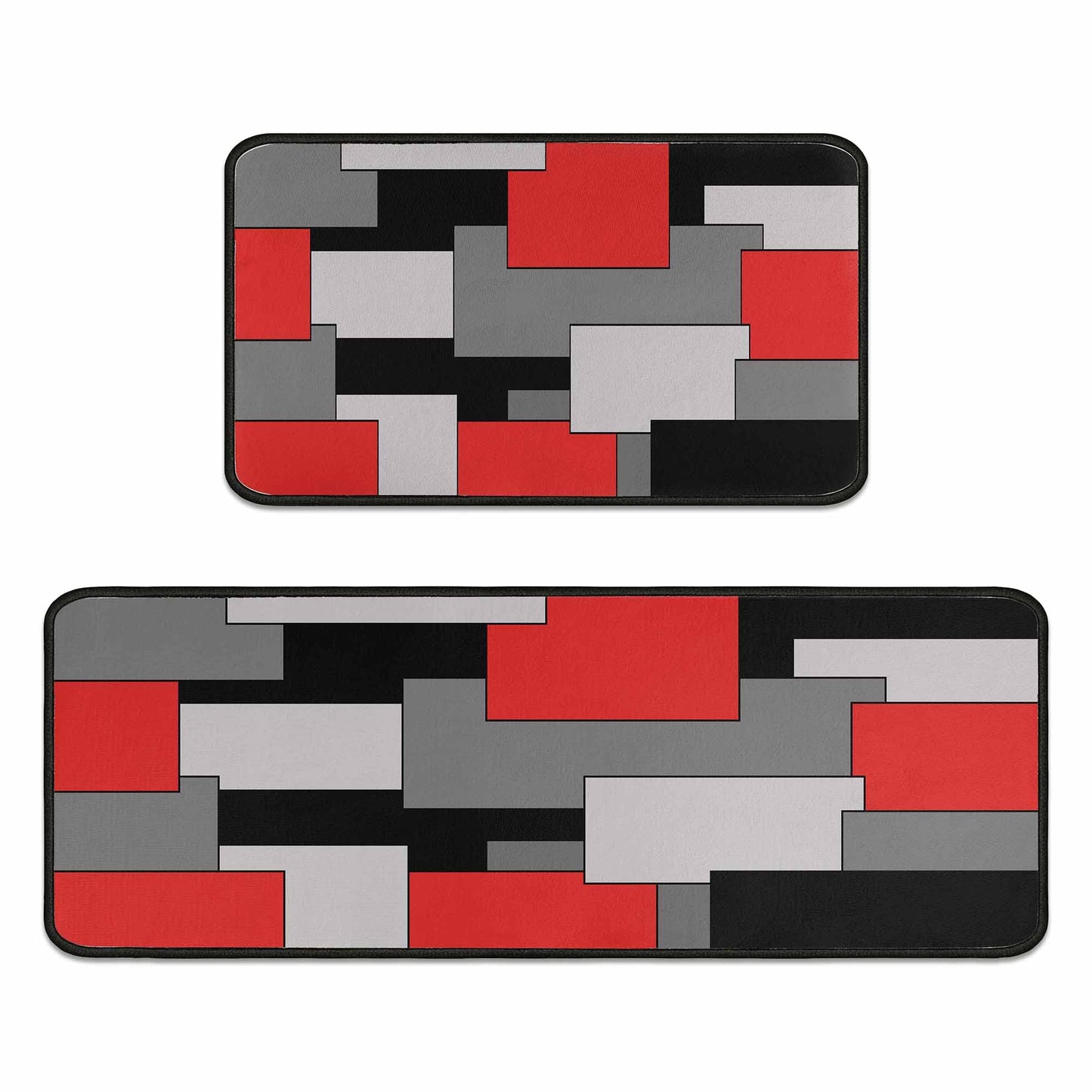 Kitchen Rugs Set of 2- Red, Black, and Grey Modern Geometric Non-Slip Washable Floor Mats - Comfort Sink and Laundry Room Runner - Contemporary Abstract Art Design Decor 17x47.2 and 17x30 inches