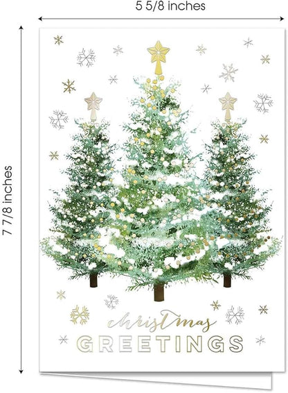 Masterpiece Gold Trimmed Trees Christmas Cards / 16 Boxed Seasons Greetings Holiday Cards Set With Coordinating Gold Foil Lined Envelopes / 5 5/8" x 7 7/8" Folded Winter Greeting Cards With Inside