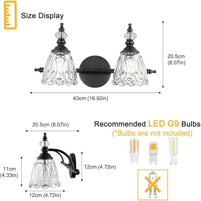 Matte Black Vanity Light, Farmhouse Bathroom Light Fixtures, 2 Light Bathroom Vanity Lights, Flower Glass Shade Wall Sconce Lighting