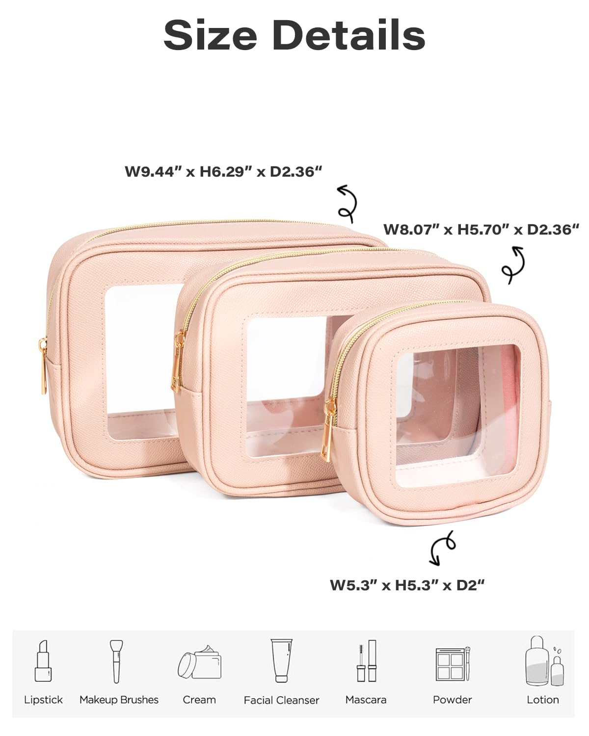 3Pcs Clear Makeup Bag Set for Women, Waterproof Travel Clear Makeup Bag Small Toiletry Bag Skincare Pouch Portable Travel Cosmetic Bag with Zipper Compact Car Organizer Bag for Essentials (Pink Set)