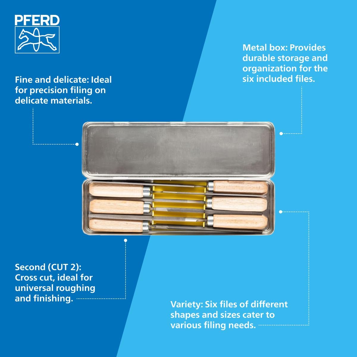 PFERD 4" Key File Set 265 K, 6-Piece – with Wooden Handles & Metal Storage Box – for Fine and Delicate Filing – Part 17010