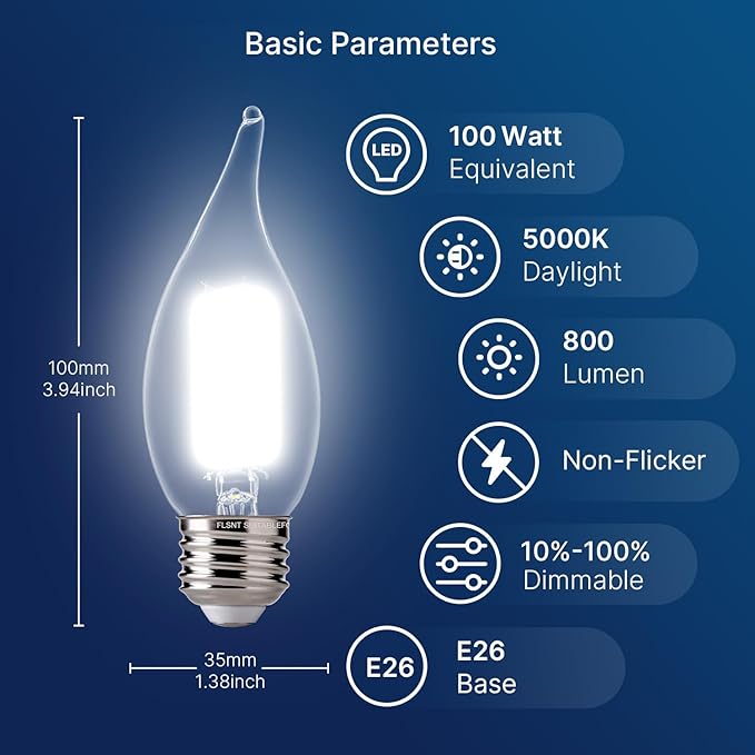 FLSNT 5000K Daylight LED Chandelier Edison Bulbs, 100W Equivalent, Dimmable CA11 E26 Base LED Candelabra Bulbs, 800LM, 6 Pack UL,CA65 Listed.