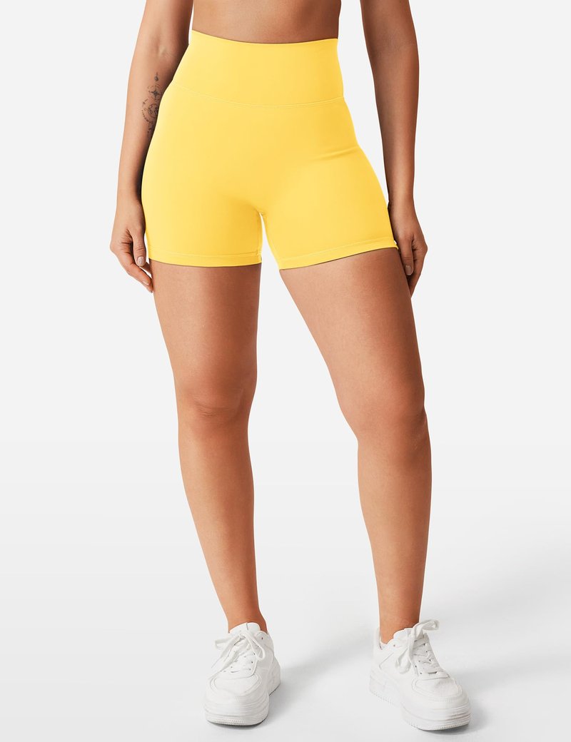 YEOREO Women's Biker Shorts 4.5" / 6" Workout Gym Shorts High Waist Tummy Control Hidden Scrunch Running Yoga Yellow