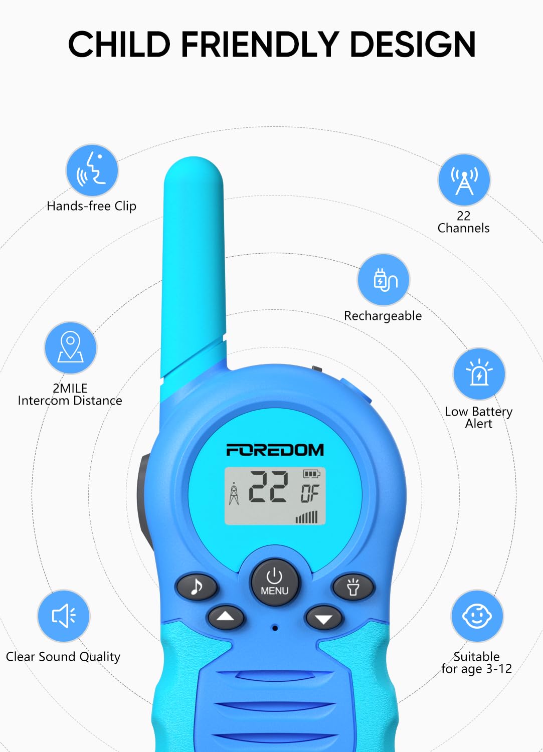 FOREDOM Rechargeable Walkie Talkies for Kids Walkie Talkies Long Range for Boy & Girl Age 3 to 12 Year Old Birthday Toys - 2 Pack