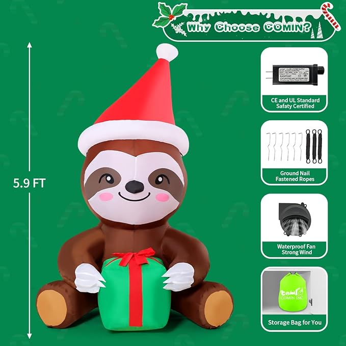 COMIN 5.9 FT Christmas Inflatables Outdoor Decorations Inflatable Sloth Holding Present Box Blow ups with Built-in LEDs for Yard Party Lawn Decor