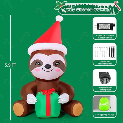 COMIN 5.9 FT Christmas Inflatables Outdoor Decorations Inflatable Sloth Holding Present Box Blow ups with Built-in LEDs for Yard Party Lawn Decor