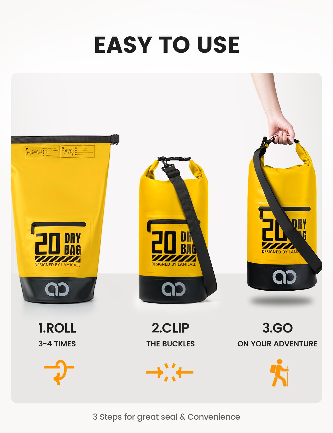 Lamicall Waterproof Dry Bag with Phone Pouch - 5L/10L/20L/30L/40L Floating Roll Top Backpack for Kayaking Boating Beach Camping Fishing - Heavy Duty 500D PVC Marine Dry Sack for Men,Women, Yellow 5L