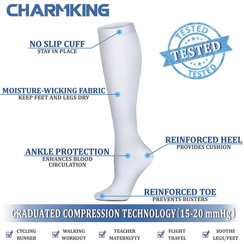 CHARMKING Compression Socks for Women & Men (8 Pairs) 15-20 mmHg Graduated Copper Support Calf Socks are Best for Pregnant, Nurses - Boost Performance, Circulation, Knee High Wide Calf(L/XL, White)
