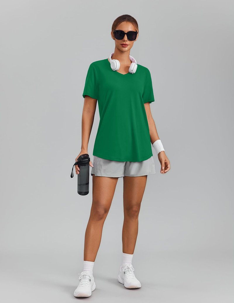 PINSPARK Womens Athletic Shirts Short Sleeve V Neck Gym Workout Tops Moisture Wicking Quick Dry Running T-Shirts Breathable,Green X-Large
