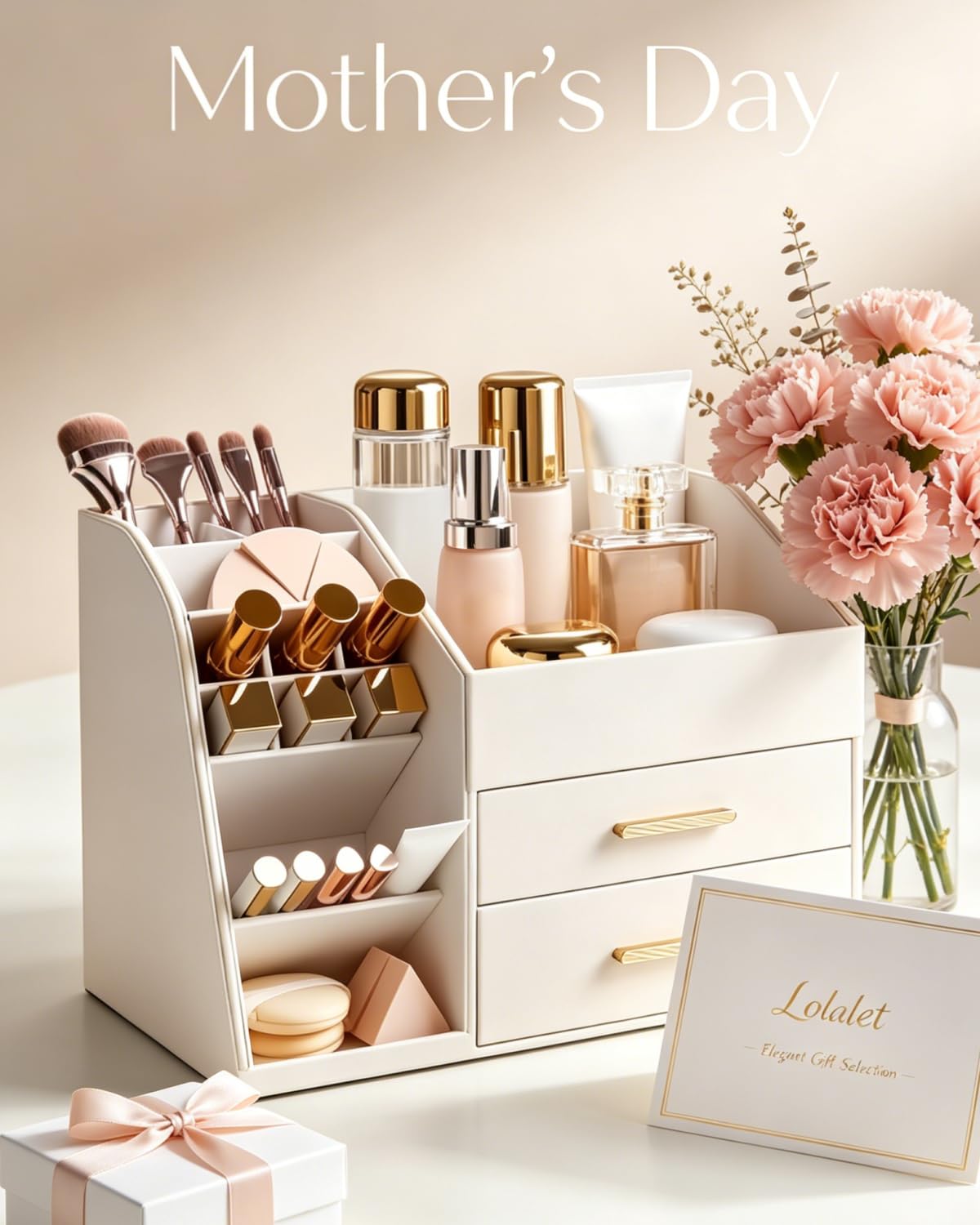 Lolalet Makeup Organizer Countertop with Drawers, Easy to Clean PU Leather Storage Box, 3-Layer Cosmetic Holder for Skincare, Lipstick, Perfume & Brush, Display Case for Vanity Dresser Bathroom -Cream