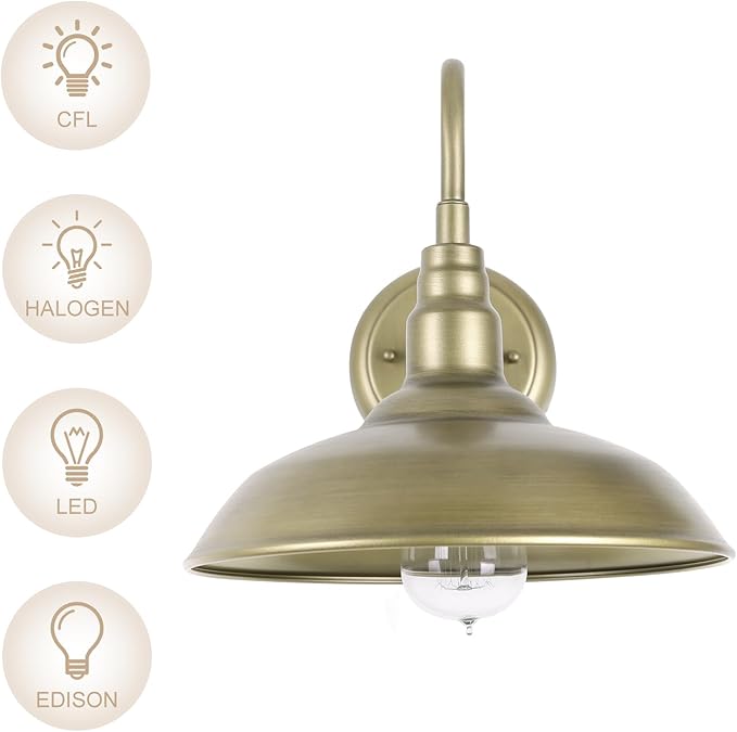 Brass Outdoor Gooseneck Light, 10'' Diameter Gooseneck Barn Wall Sconce for Porch, Exterior Waterproof Farmhouse Light Fixture with Wall Mount, 2 Pack, LM2201-GL-2P