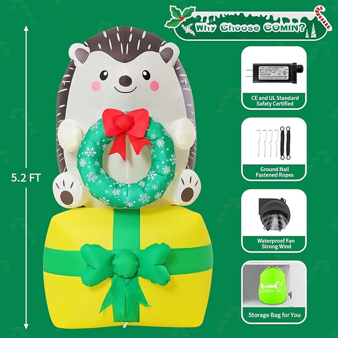 COMIN 5 FT Christmas Inflatables Outdoor Decorations Inflatable Hedgehog On Present Christmas Box Blow Ups with Built-in LEDs for Yard Party Lawn Decor