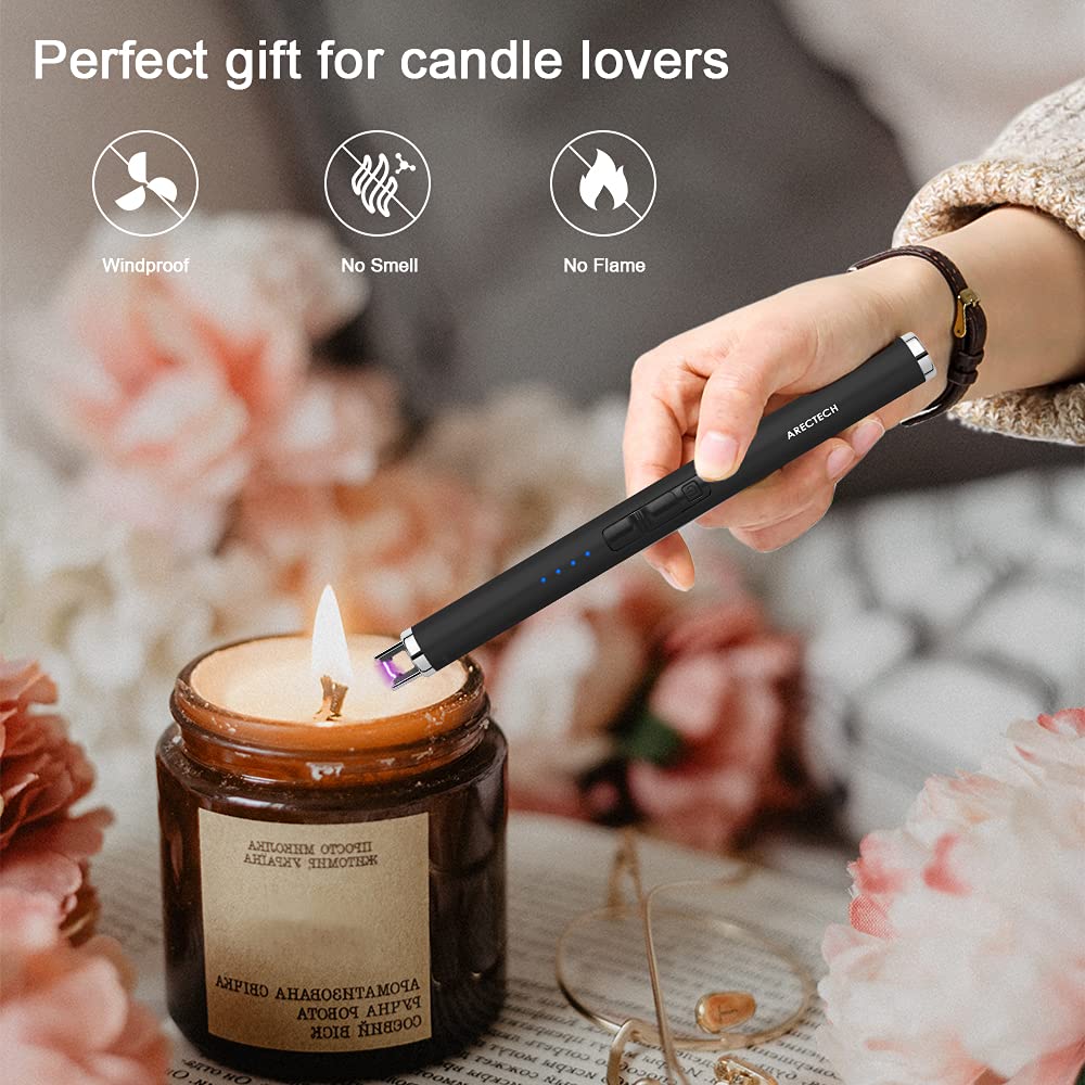 ARECTECH Rechargeable Electric Candle Lighter Arc Plasma Windproof Lighter for Candle Kitchen Birthday Gift for Mom Men Wife with Type-C Cable Black