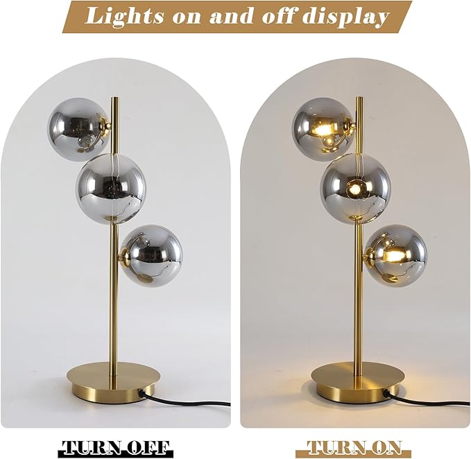 Mid Century Globe Table Lamp, Modern 3 Lights Gold Brass Desk Lamp, Contemporary Smoky Grey Glass Globe Bedside Lamp for Bedroom Living Room Study Room