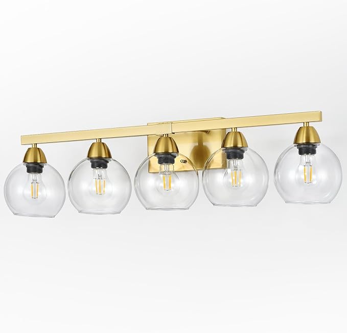 5-Light Bathroom Light Fixtures, Gold Vanity Light with Ultra-Clear Hand-Blown Glass, Durable & Scratch-Resistant, Wall Lamp for Mirror, Bedroom, Hallway
