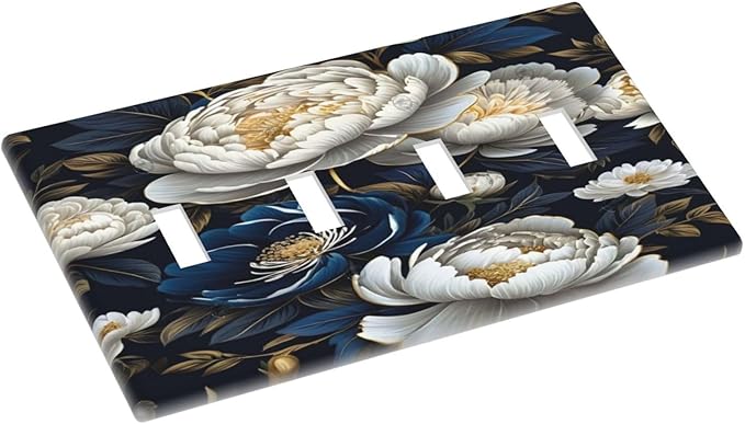 White Gold Blue Flower Light Switch Covers Quad Toggle 4 Gang Wall Plate Decorative Switchplate Electrical Faceplate for Farmhouse Bathroom Living Decor